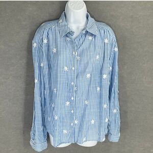 Jane + Delancey Womens Sz M Blue Striped Button‎ Up Shirt Embroidered Flowers